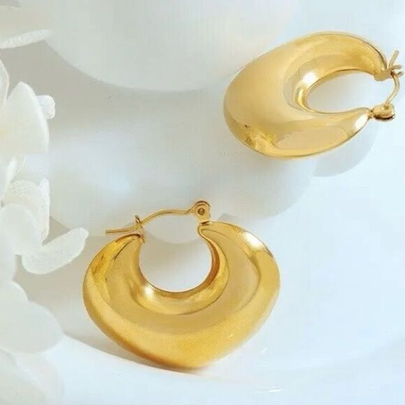18K Gold Plated Stainless Steel Hoops Earrings - Picture 2 of 3